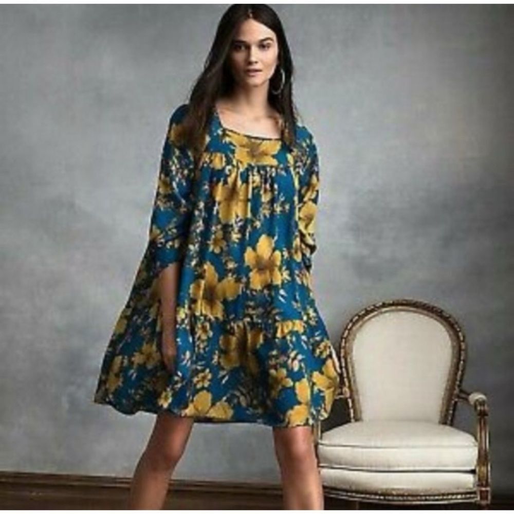 Happy X Nature Women's Long Sleeve Floral Dress in Blue and Yellow Size S